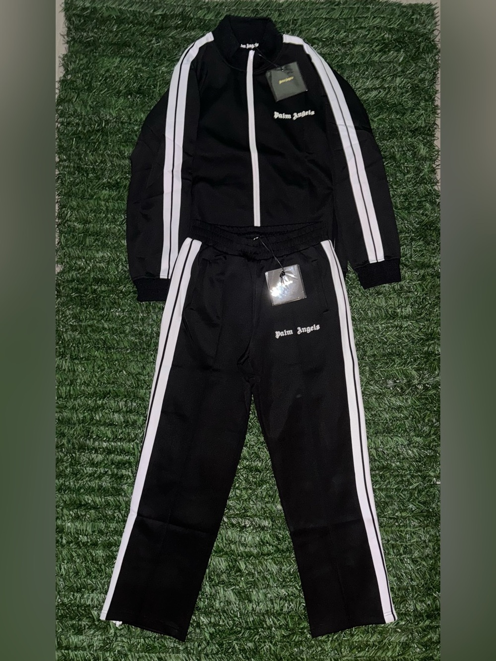 Palm Angels Mens Black Sweatsuit with White Side Stripes